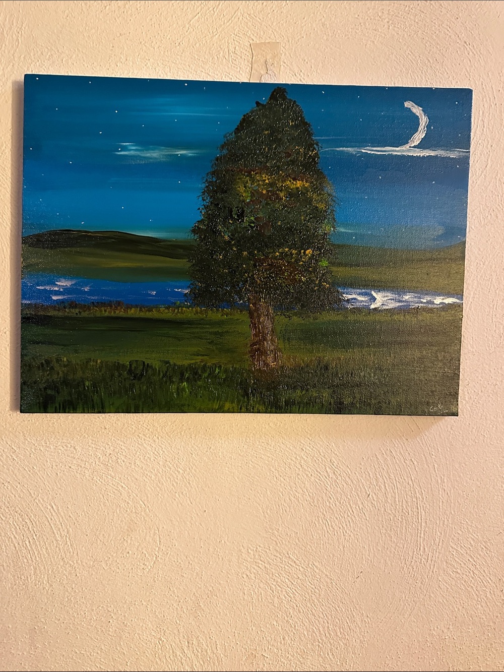 Hand-Painted Night Landscape Canvas - Green Tree and Blue Sky